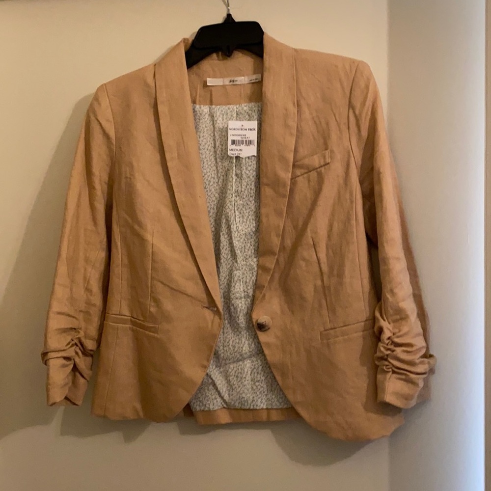 Gold one button cotton blazer with ruffled sleeve